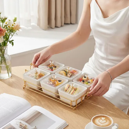 Miniatura 4 de YA JU Cuencos de cerámica y con tapa, bandejas doradas, 6 cuencos pequeños extraíbles, bandejas para condimentos, juego de frutos secos, para Blanco