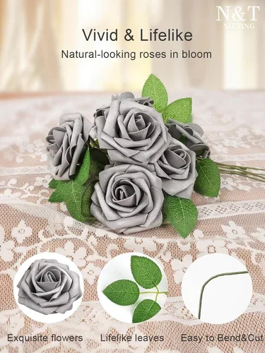 Miniatura 162 de N&T NIETING Flores artificiales, rosas artificiales de color rosa intenso, 50 piezas de flores falsas con tallo para ramos de boda DIY, centros