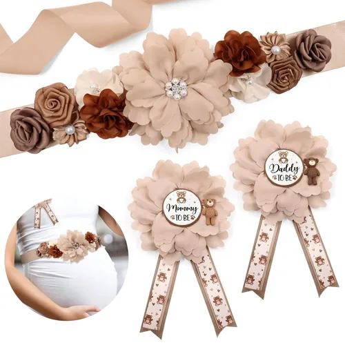 Vansolinne Kit de banda de maternidad de oso de peluche marrón, para mamá para ser papá para ser ramillete, decoración de oso para baby shower, oso