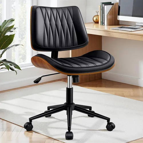 Silla ergonómica de escritorio de oficina sin brazos, moderna de cuero sintético negro de mediados de siglo con costuras de diamante, silla