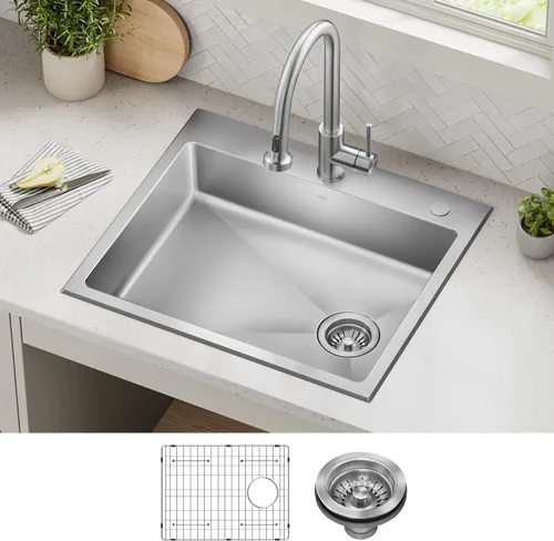 Miniatura 15 de Kraus Fairlane 25-pulgadas Fregadero de cocina de acero inoxidable de calibre 18, de un solo cuenco, para caída/montaje superior, KHT641-25