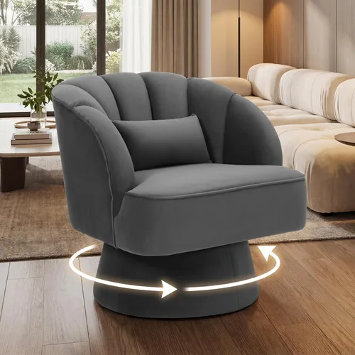 Miniatura 21 de GarveeHome Silla de acento moderna giratoria de barril, sillón tapizado de terciopelo de 360 grados con respaldo a rayas y acolchado suave, cómoda
