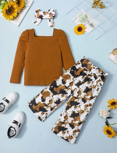 Miniatura 5 de Conjunto de 3 piezas de ropa para niña pequeña, cuello cuadrado, manga larga abombada, pantalones a rayas + diadema