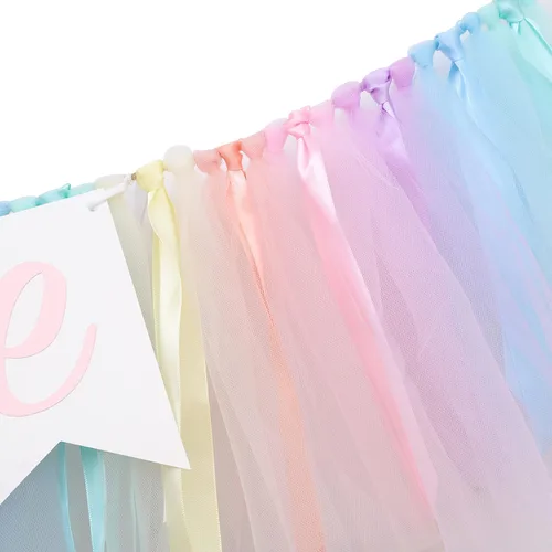 Miniatura 8 de Cartel para silla alta de arcoíris pastel, cartel de tul y cinta para silla de bebé de primer cumpleaños, decoraciones de arcoíris