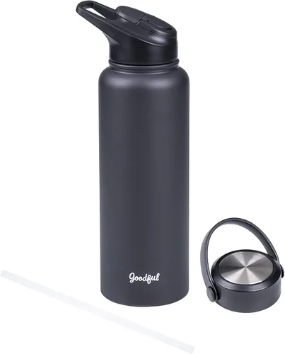 Goodful Botella de agua de doble pared sellada al vacío, aislada con dos tapas intercambiables, tapas para beber o tragar, a prueba de fugas, boca