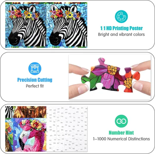 Miniatura 4 de Rompecabezas de 1000 piezas para adultos, rompecabezas de mosaico colorido de vida silvestre, diseño de animales de la selva con flores, perfecto