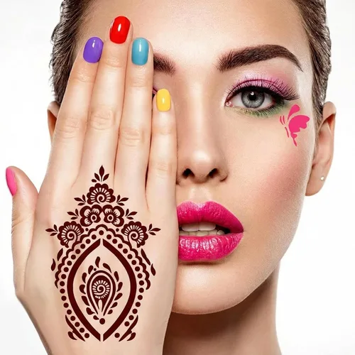 Miniatura 10 de Kotbs 32 hojas de plantillas de tatuaje de henna para manos, antebrazo, pintura facial, arte corporal, plantillas de tatuaje de flores con purpurina