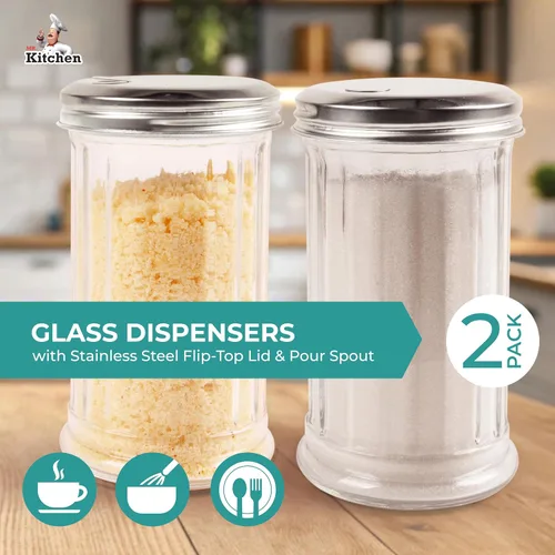 Miniatura 3 de Paquete de 2 dispensadores de sal y azúcar – Botes dispensadores de azúcar en polvo – Recipiente de vidrio para azúcar con tapa – Especias, canela