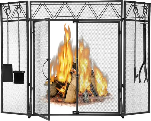 BEAMNOVA - Pantalla para chimenea de 50.2 x 34.3 pulgadas, color negro, con puertas y herramientas, protector contra chispas de 3 paneles, plegable,