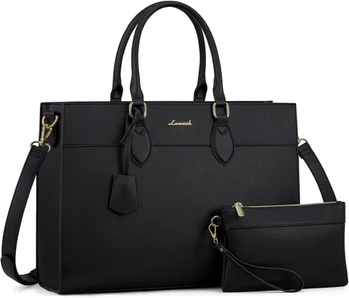 Miniatura 9 de LOVEVOOK Bolsa para laptop para mujer, bolsa de trabajo para laptop de 15.6 pulgadas, maletín grande de cuero impermeable para oficina, beige y negro