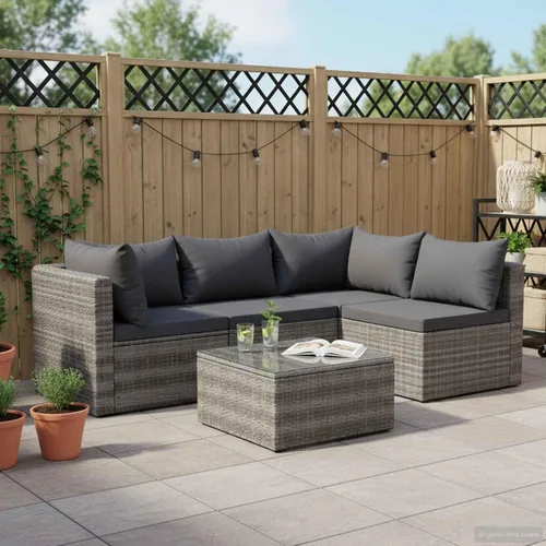 Ensemble de Salon 5 Pièces en Simili-Rotin Gris PE Pour Jardin et Terrasse, Résistant aux Intempéries avec Coussin Amovible, Table Basse en Verre et