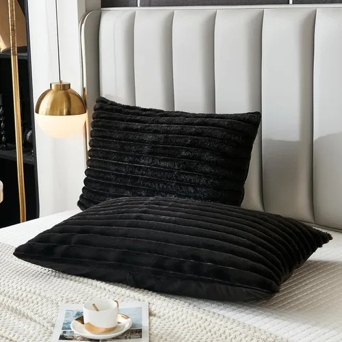 Miniatura 21 de Juego de 2 fundas de almohada para cama tamaño king, fundas de cojín rectangulares lumbares con diseño de rayas, forro de piel de conejo sintética