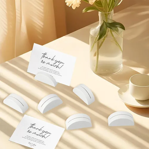 Miniatura 4 de 24 soportes de madera para números de mesa, soporte blanco para nombres, tarjetas de oficina, clips de menú de fotos, banquete de boda, fiesta