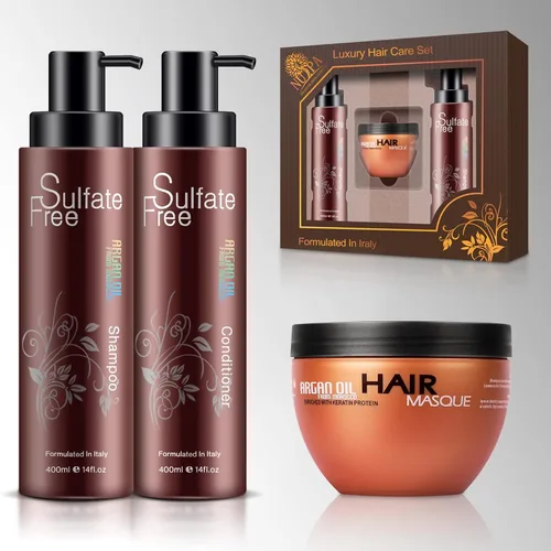 Nuspa - Juego de cuidado del cabello con aceite de argán marroquí, sin sulfato, para cabello dañado, seco, encrespamiento, color seguro, tratado con