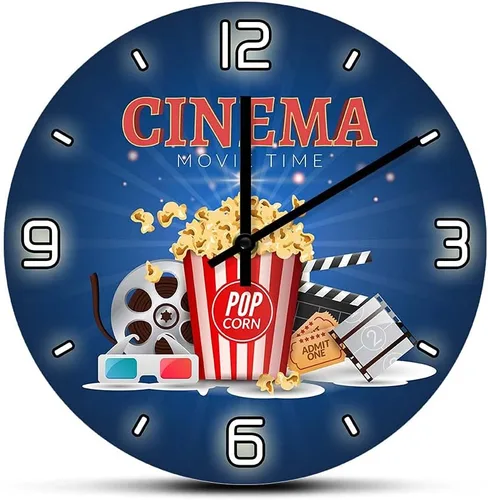 The Geeky Days Movie Time Popcorn Filmstrip Clapboard Tickets Reloj de pared silencioso Diseño moderno Amantes de la película Decoración del hogar