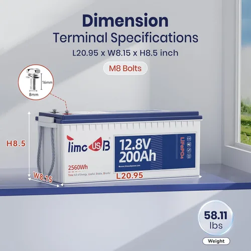 Miniatura 7 de Timeusb Batería de litio LiFePO4 de 12 V/200 Ah, batería recargable de ciclo profundo de 2560 Wh para vehículos marinos/RV con BMS de 100 A