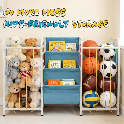 Miniatura 7 de Almacenamiento de juguetes de doble cara para niños y estantería de 3 niveles - Organizador Montessori para niños pequeños con cubos de juguetes
