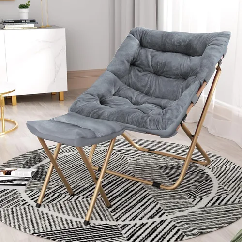 Miniatura 9 de Cómoda silla platillo para adultos, silla plegable de piel sintética suave con reposapiés, marco de metal, acogedora silla perezosa cuadrada de gran