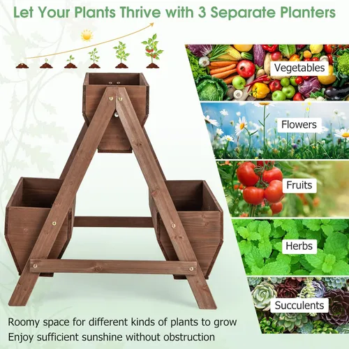 Miniatura 5 de Giantex Cama de jardín vertical elevada, 3 cajas de madera para flores, verduras, frutas y hierbas, maceta de jardín independiente con agujeros