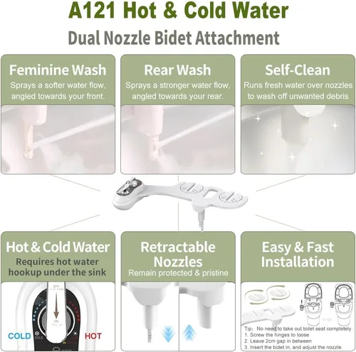 Miniatura 3 de APURE BIDET A121 - Accesorio de bidé de agua caliente y fría para asiento de inodoro - Doble boquilla - Lavado trasero y femenino - Autolimpieza