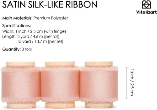 Miniatura 2 de Vitalizart Cinta de Satén de Seda Rosa de 1 Pulgada x 15 Yardas Carrete de Madera Cinta Deshilachada Hecha a Mano para Envolver Regalos Baby Shower