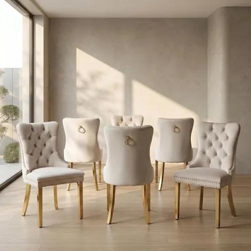 Miniatura 12 de Juego de 2 sillas de comedor de terciopelo, sillas de comedor copetudas de mediados de siglo con anillo trasero de cabeza de clavo, patas de metal
