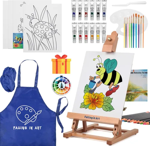 Falling in Art Juego de pintura para niños con caballete de mesa, kit de inicio de pintura acrílica con bata de arte, pinturas acrílicas, lápices de