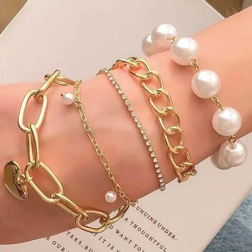 Miniatura 4 de Zeelina Pulsera de gargantilla de diamantes de imitación con cadena de clip de perlas doradas apilable ajustable conjunto de joyería de moda