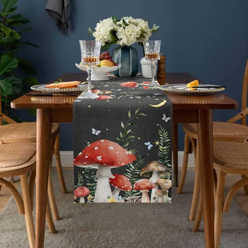 Miniatura 2 de Camino de mesa de lino y algodón con hongos de granja, luna nocturna y estrellas, bufanda negra de 13 x 60 pulgadas, lavable para cocina, comedor