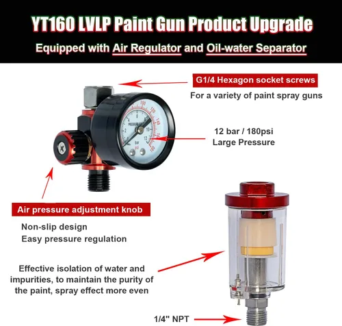 Miniatura 7 de DAXINYANG YT-160 LVLP Pistolas de pintura automotrices con boquillas de 1.3/1.5/1.7/2.0mm y regulador de aire y separador de agua y aceite, pistola