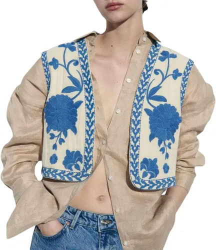 Meiweileya Y2K - Chaleco bordado vintage para mujer, de lino, recortado, sin mangas, con estampado floral, chalecos de moda, Flor azul beige