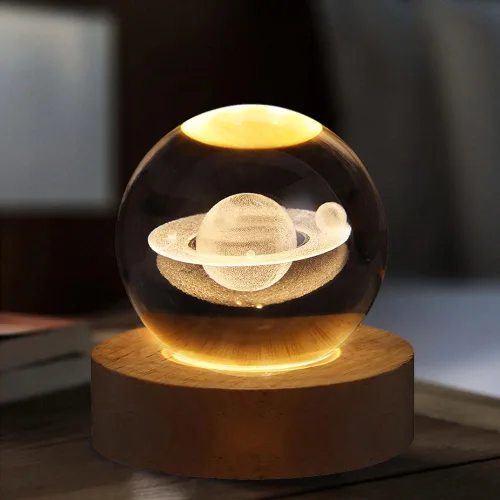 Miniatura 4 de Luz nocturna LED de bola de cristal, sistema de la Vía Láctea, lámpara de noche de cristal grabada en 3D con base de madera, carga USB