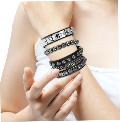 Miniatura 6 de NOLITOY 4pcs Punk Multilayered Bracelet with Studded Rivets Adjustable Vintage Style Faux Leather Wristband for Street Fashion Daily Wear and Goth