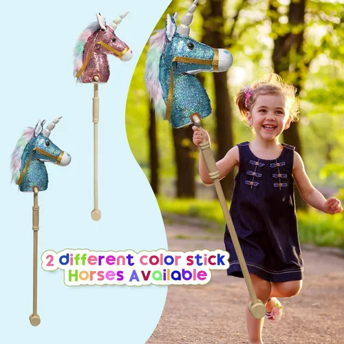 Miniatura 6 de HollyHOME Caballo de unicornio con lentejuelas, caballo de juguete artesanal con palo y ruedas de madera, sonidos reales de relincho y galope de Azul