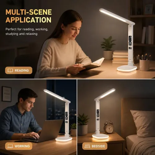 Miniatura 7 de Lámpara de escritorio LED con carga inalámbrica QI de 10 W, lámpara de mesa Flexo con 3 colores y 5 niveles de brillo con función de carga, USB
