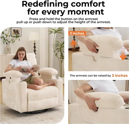 Miniatura 3 de Silla Reclinable Eléctrica de Gran Tamaño Giratoria Deslizante con Masaje y Calor, Sillón Reclinable Giratorio Mecedor con Reposabrazos Ajustables