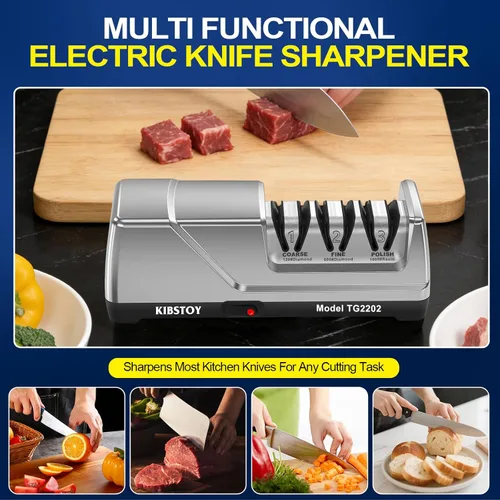 Miniatura 6 de Afilador de cuchillos eléctrico, afilador de cocina profesional de 3 etapas con 100% abrasivo de diamante, ángulo de precisión de 15°, caja de polvo