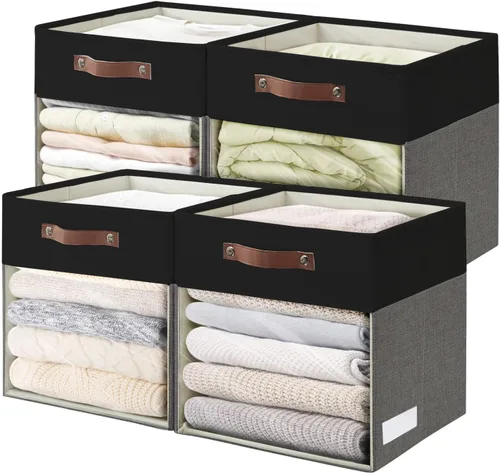 Miniatura 14 de Bagnizer Cubos de Almacenamiento, Paquete de 4 Contenedores de Almacenamiento Plegables de Lino (13 x 13 pulgadas) con Ventana Transparente y Asas