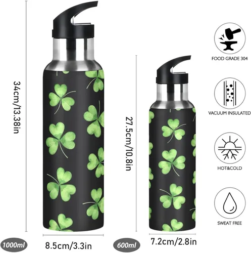 Miniatura 2 de Green Shamrocks Clovers Black Stainless Steel Vacuum Insulated Water Bottle 20 Oz, BPA-Free Sports Water Bottle with Straw Leakproof Water Bottles