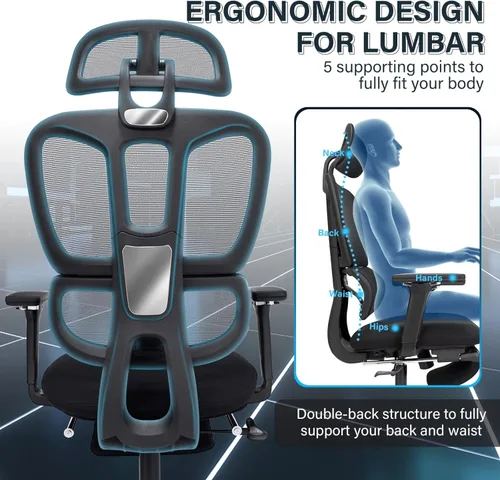 Miniatura 6 de Silla de oficina ergonómica de malla con reposapiés retráctil, silla de computadora de respaldo alto con soporte lumbar, reposabrazos ajustables