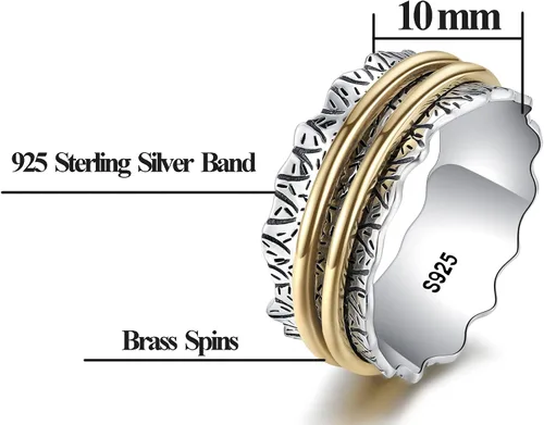 Miniatura 6 de Anillo giratorio de plata de ley 925 banda para la ansiedad alivio de la presión oxidación joyería casual regalos para mujeres niñas hombres y niños