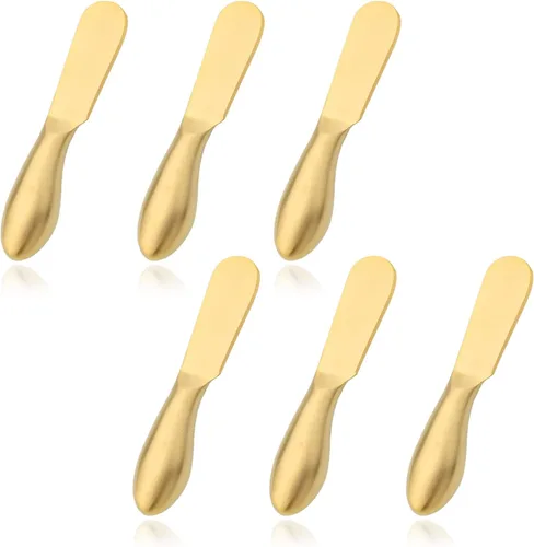 JASHII Juego de 6 cuchillos esparcidores de mantequilla de queso dorado, juego de espátula de mermelada de una sola pieza, juego de cuchillos de