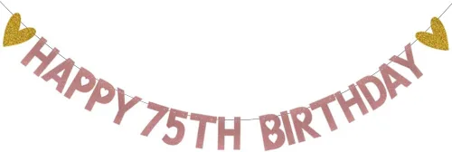 Cartel de feliz cumpleaños 75, pre-encordado, papel de oro rosa con purpurina, decoraciones de fiesta para 75 años, suministros de fiesta de