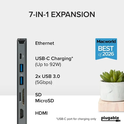 Miniatura 2 de Plugable Adaptador multipuerto USB C 7 en 1 sin controlador con Ethernet, HDMI 4K60Hz, carga de paso de 100 W, 2 USB 3.0, SD/microSD, para USB-C