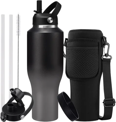Miniatura 10 de Botella de agua de acero inoxidable de 32 onzas, frío-48 horas y caliente-24 horas, termo con popote y tapas de boquilla, bolsa, botella aislada al