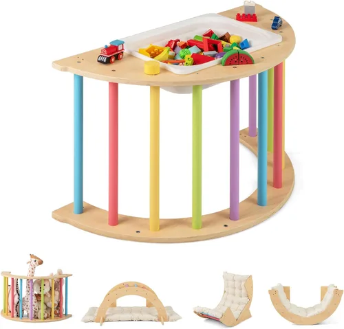 Miniatura 12 de INFANS Balancín de madera para escalar arco con cojín suave, 6 en 1, juguetes Montessori de escalada para niños pequeños, mesa Waldorf