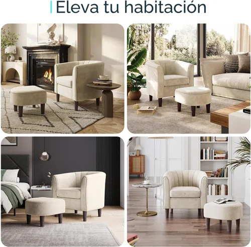 Miniatura 6 de LINSY Silla decorativa con otomana, sillón moderno, cómoda silla de lectura de barril con reposapiés para sala de estar, dormitorio, sala de Beige