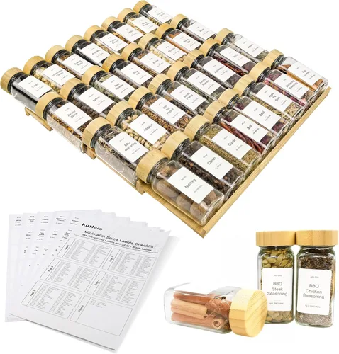 Miniatura 8 de Organizador de Cajón de Especias, 4 Niveles - 8 Piezas Bandeja Inserto de Estante de Especias de Bambú para Cajón de Gabinete Encimera, Organización