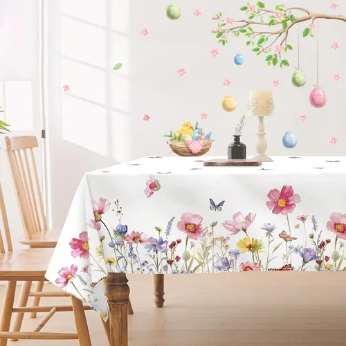 Miniatura 9 de Mantel de primavera de 60 pulgadas, diseño floral de flores silvestres, resistente a las manchas y a las arrugas, lavable, para interiores