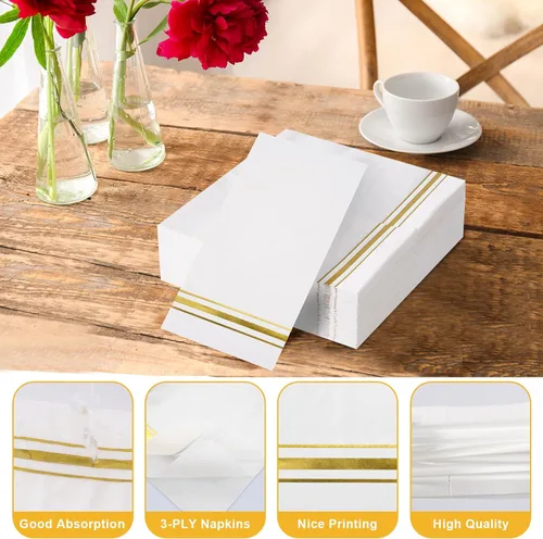 Miniatura 3 de 200 servilletas de papel forradas con borde dorado, elegantes servilletas de cena de 3 capas de papel blanco y dorado, toallas de mano desechables